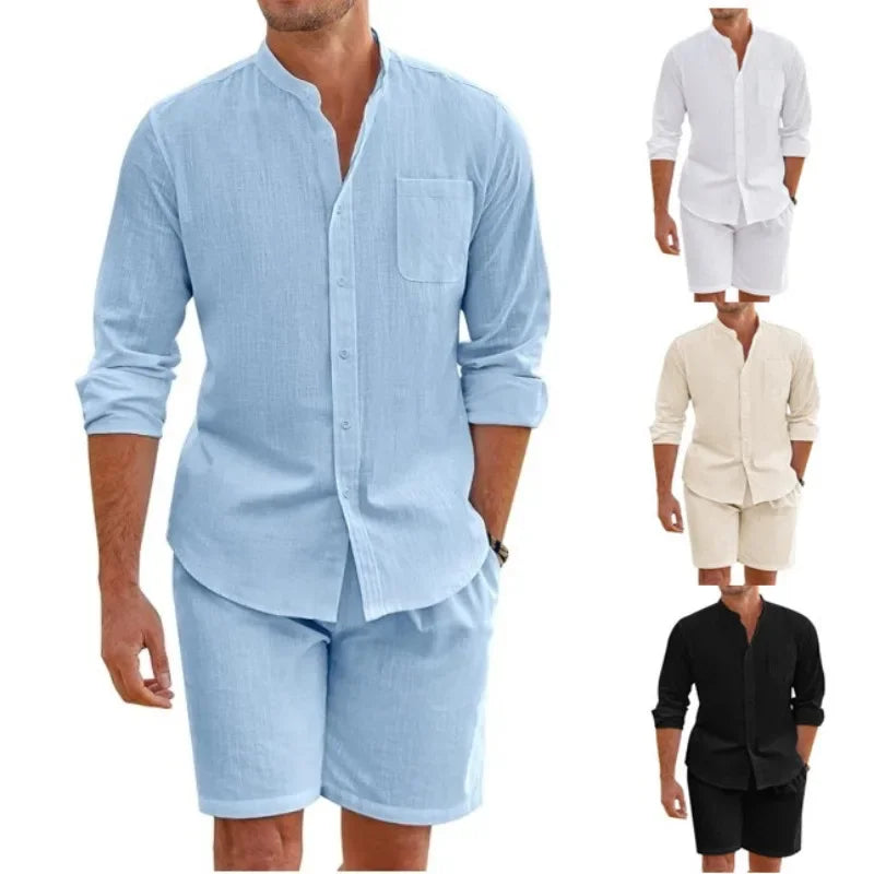2025 Men's Two-piece Sets Cotton and Linen Comfortable Button Shirt Long Sleeve Shorts Cardigan Simple Casual Beachwear