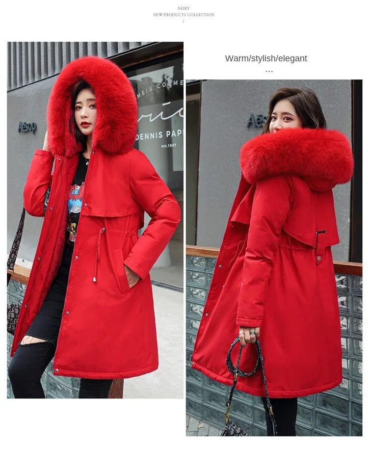 Winter Parka 2024 New Women Jacket Clothes Long Coat Wool Liner Hooded Jacket Fur Collar Thick Warm Snow Wear Fashion Parka