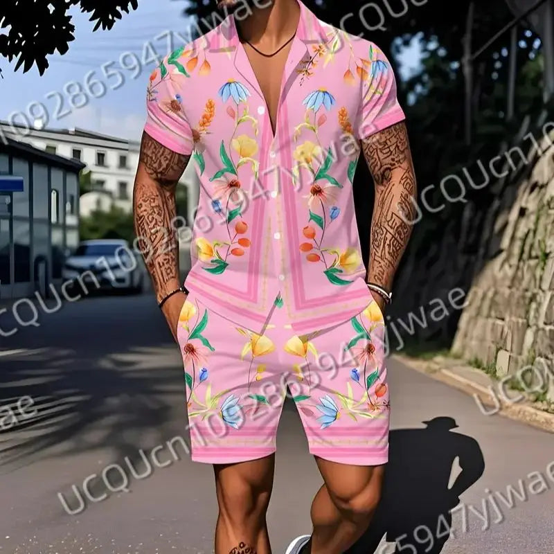 Summer Hawaiian Vintage Flowers Print Men's Short Sleeved Women's Blouses Beach Shirt +Shorts Button Shirt Set Men Clothes