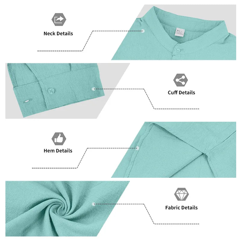 Summer Men's Linen Henry Long Sleeve T-Shirt  European and American Woven Solid Color Casual Polo Shirt