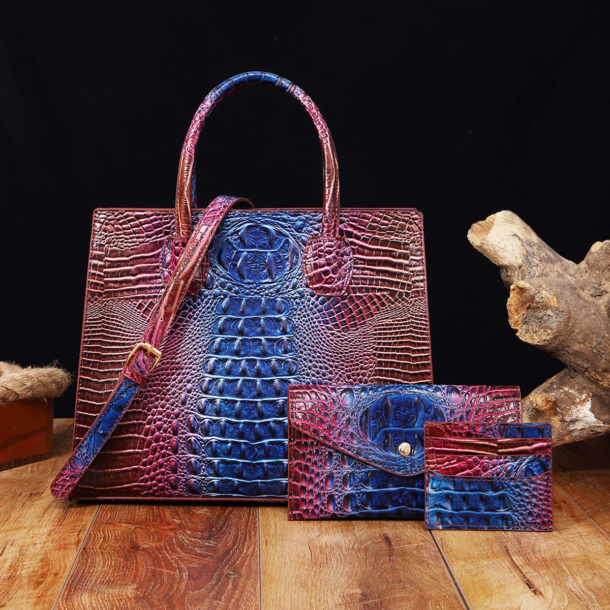 3 Pcs Crocodile Pattern Handbag & Purses Set, Multi-functional Vintage Top Handle Crossbody Bag & Business Clutch Bag & Card Coi