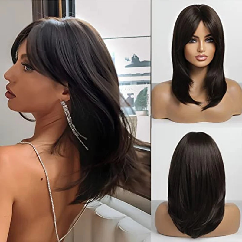 ALAN EATON Layered Synthetic Wigs with Bangs Straight Short Highlights Blonde Hair Wig with for Women Natural Daily Cosplay Wigs