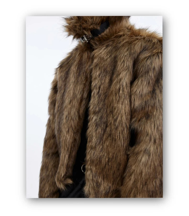 Mauroicardi Winter Short Thick Warm Brown Hairy Soft Faux Fur Coat Men with Turn-down Collar Long Sleeve Fluffy Jackets 2024