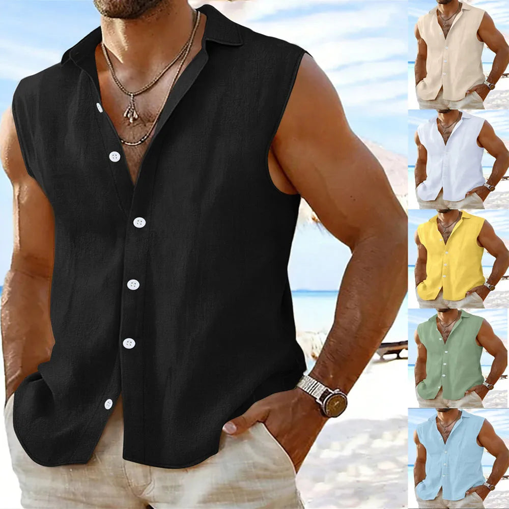2026 Men's Sleeveless Cotton Linen Shirt Turn Down Collar Button Up Casual Beach Tops