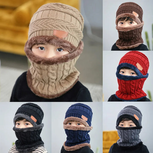 1Pcs Hat Scarf Set Kids Bean Knitted Scarf Cap Children Autumn Winter Fleece Warm Knitted Scarf Hat for Boys Girls