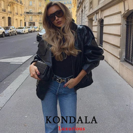 KONDALA Casual Chic Black Leather Jackets Women Long Sleeve Buttons Elastic Oversized Coats Fashion 2025 Fall Streetwear Coats