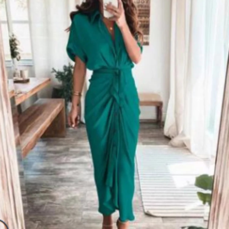 Sexy Irregular Long Dress For Women Fashion V-neck Lace-up Wrinkled Buttoned Dress Elegant Short Sleeves Clothing Ropa De Mujer