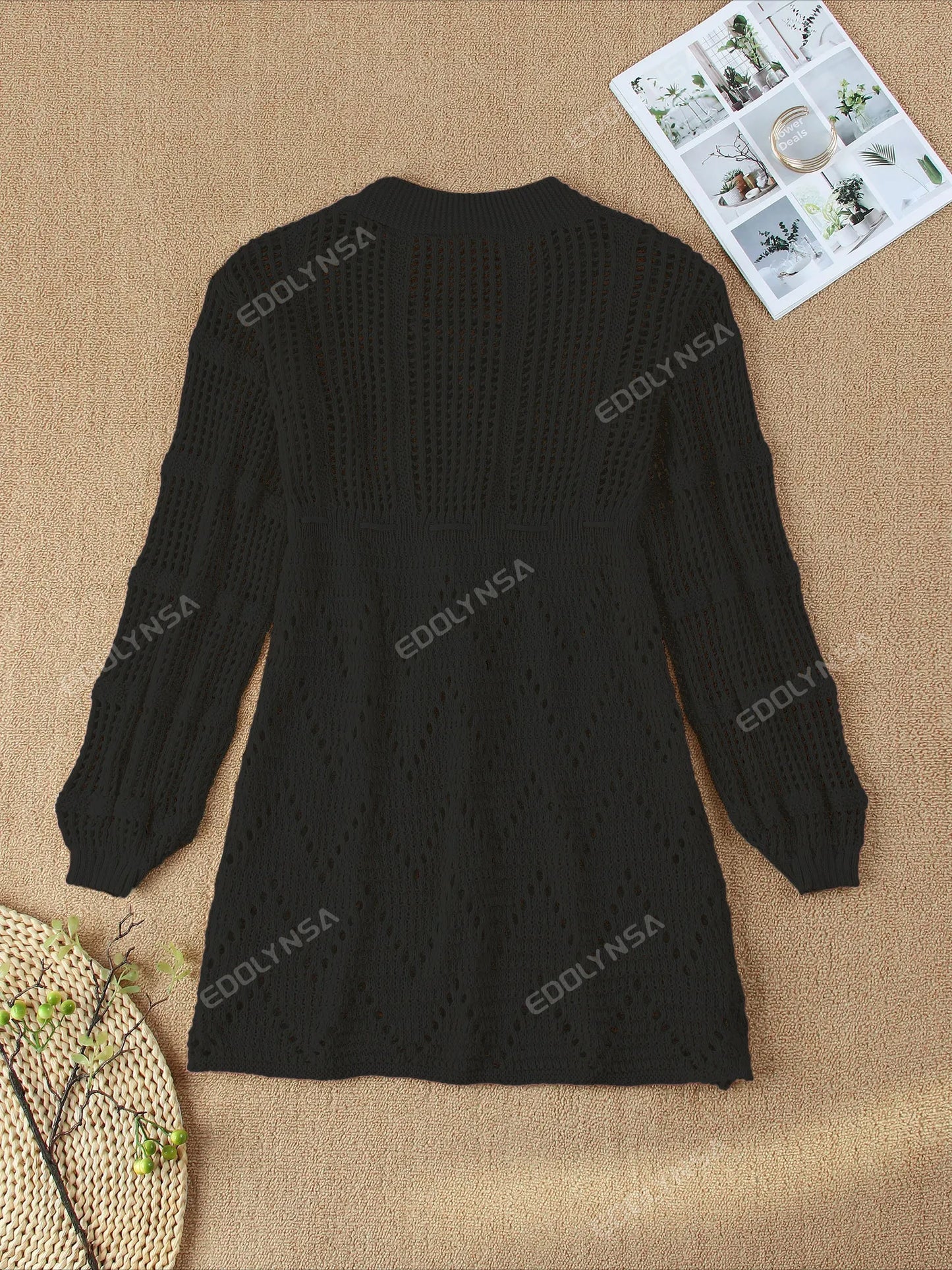 Sexy Deep V-neck Lace-up Bell Sleeve Knit Mesh Hollow Out Beach Mini Dress 2025 Summer Swimsuit Cover Up Women Casual Tunic K14