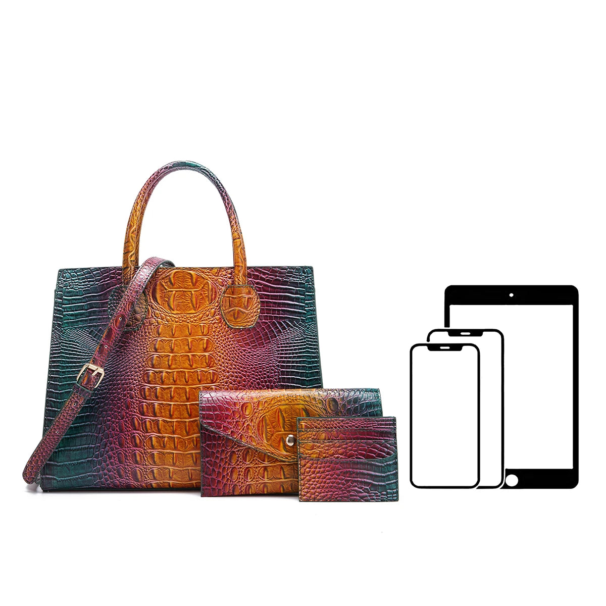 3 Pcs Crocodile Pattern Handbag & Purses Set, Multi-functional Vintage Top Handle Crossbody Bag & Business Clutch Bag & Card Coi
