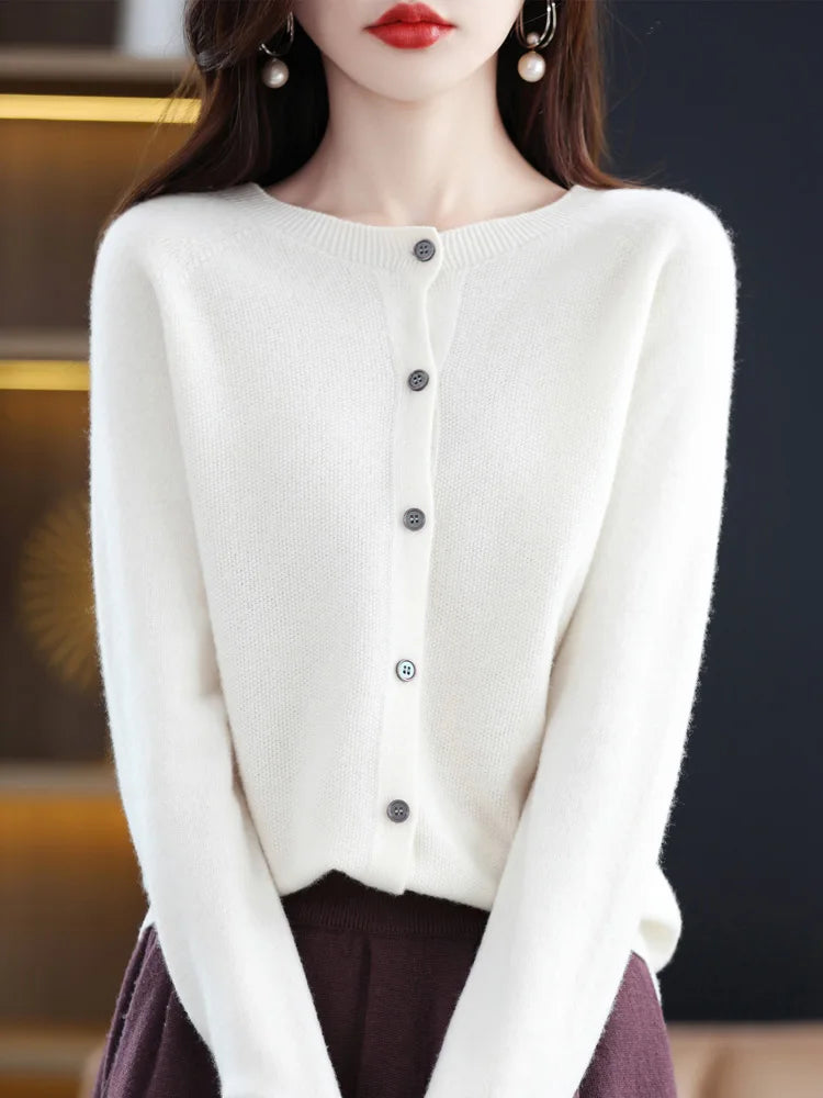 Long Sleeve 100% Merino Wool Sweaters Cashmere Cardigan Spring Autumn Women O-Neck Knitwear Tops Clothing Fashion Basic Tops