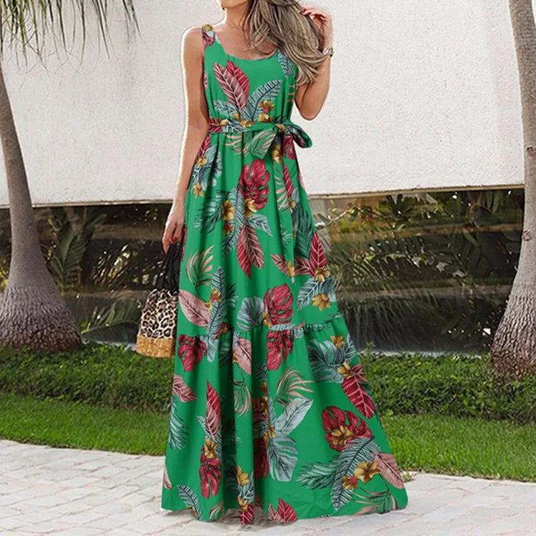 Summer Flower Print Sleeveless Long Dresses Women Elegant Casual Vacation Style Dress O Neck High Waist Leace-up Maxi Vestidos