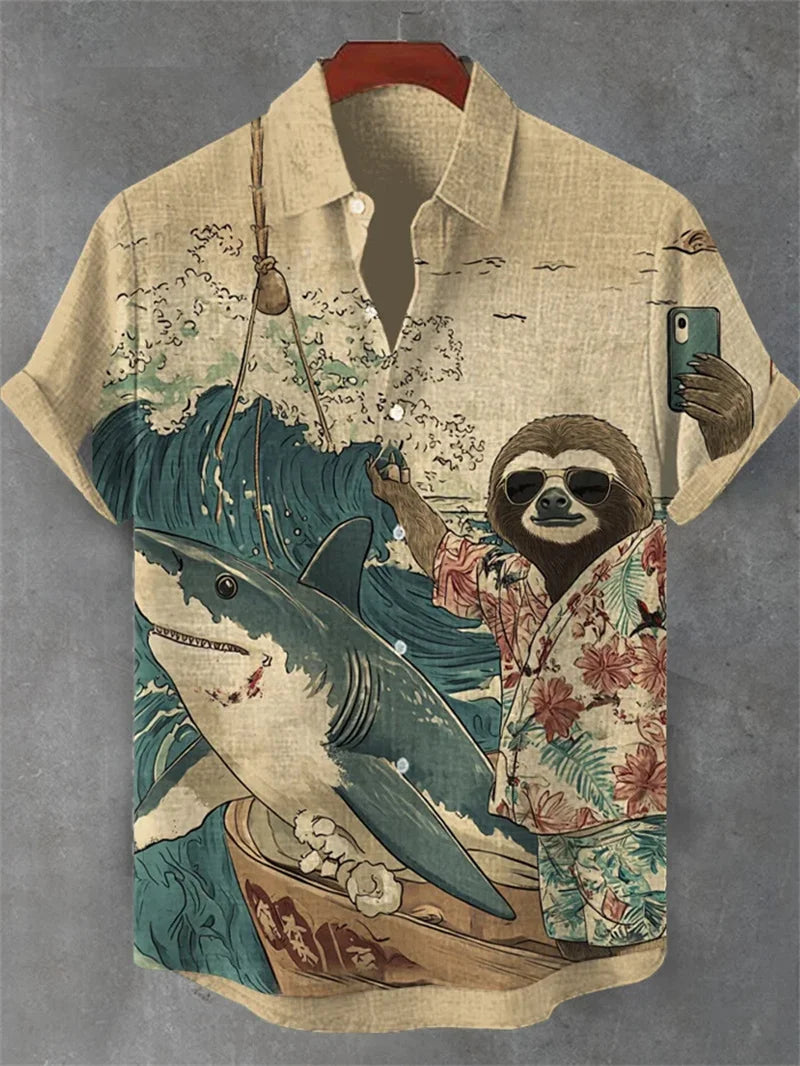 New men's 3D octopus print short sleeved shirt, retro summer linen shirt, men's holiday casual short sleeved streetwear