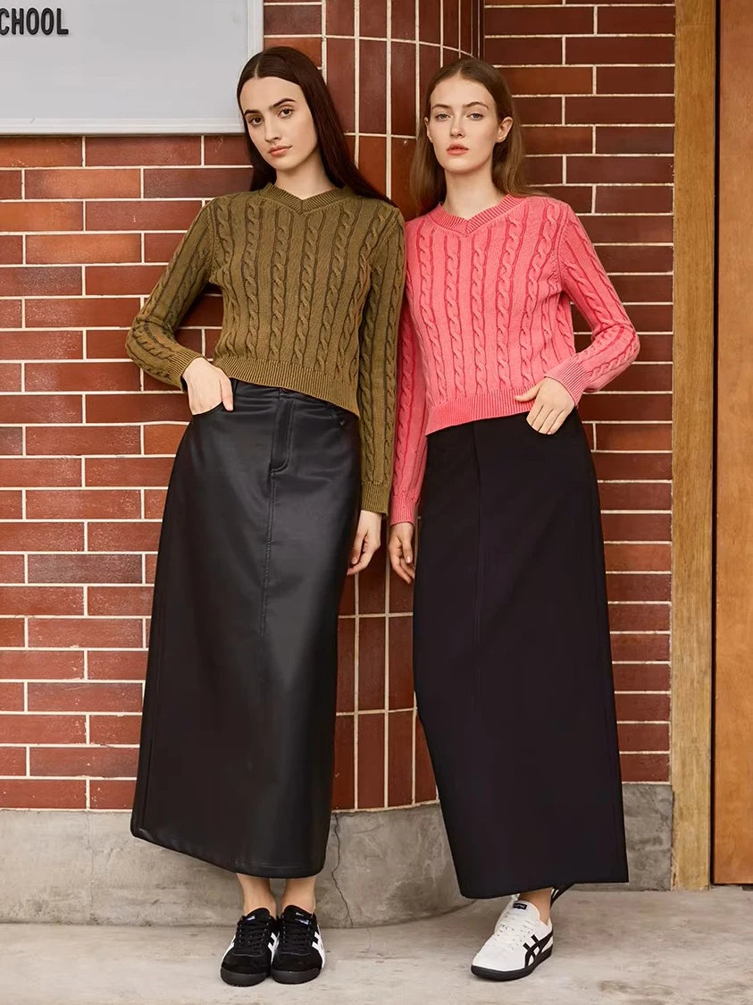 AP 2026 Women Washed Sweater Autumn and Winter Cable Sweater Stretch Skirt and Fashion Leather Skirt