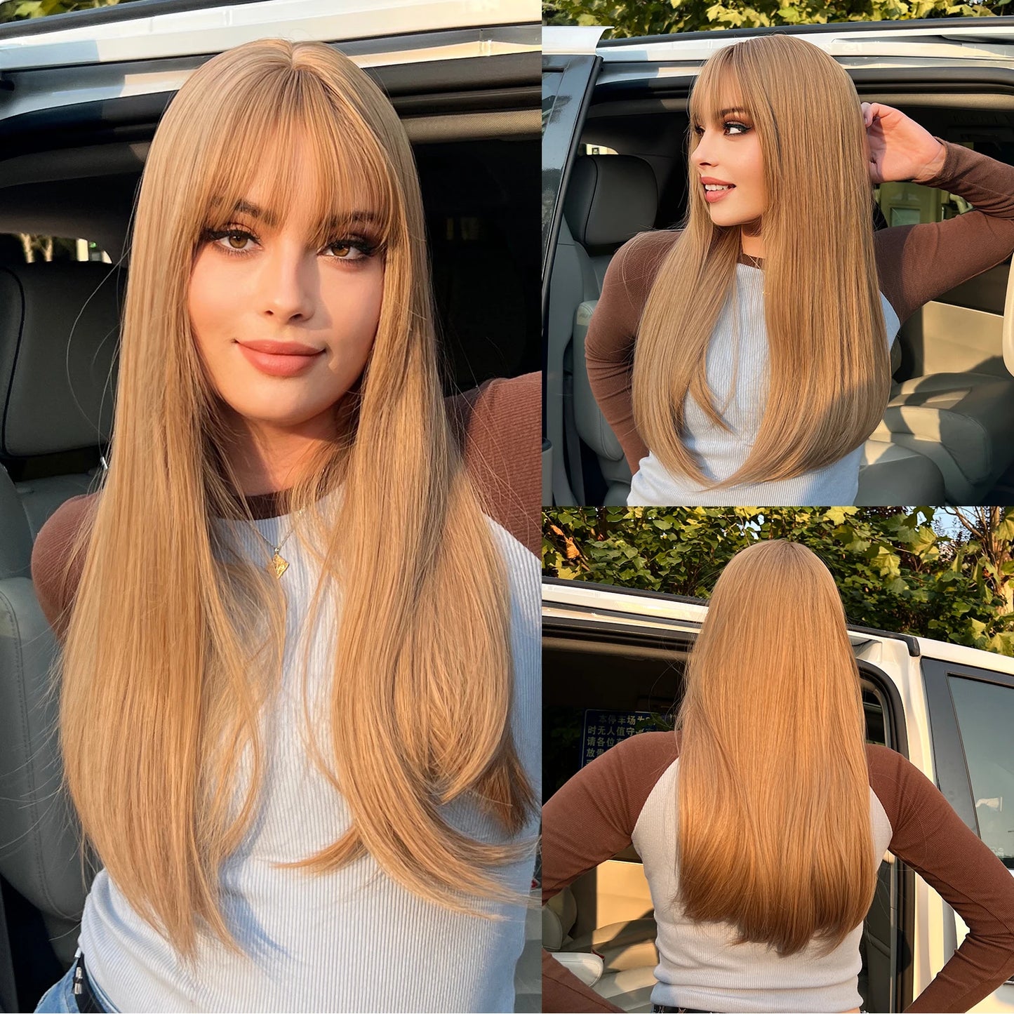 LOUIS FERRE Black Pink Ombre Synthetic Wigs for Cosplay Long Straight Layered Wigs with Bangs for Women Heat Resistant Fake Hair