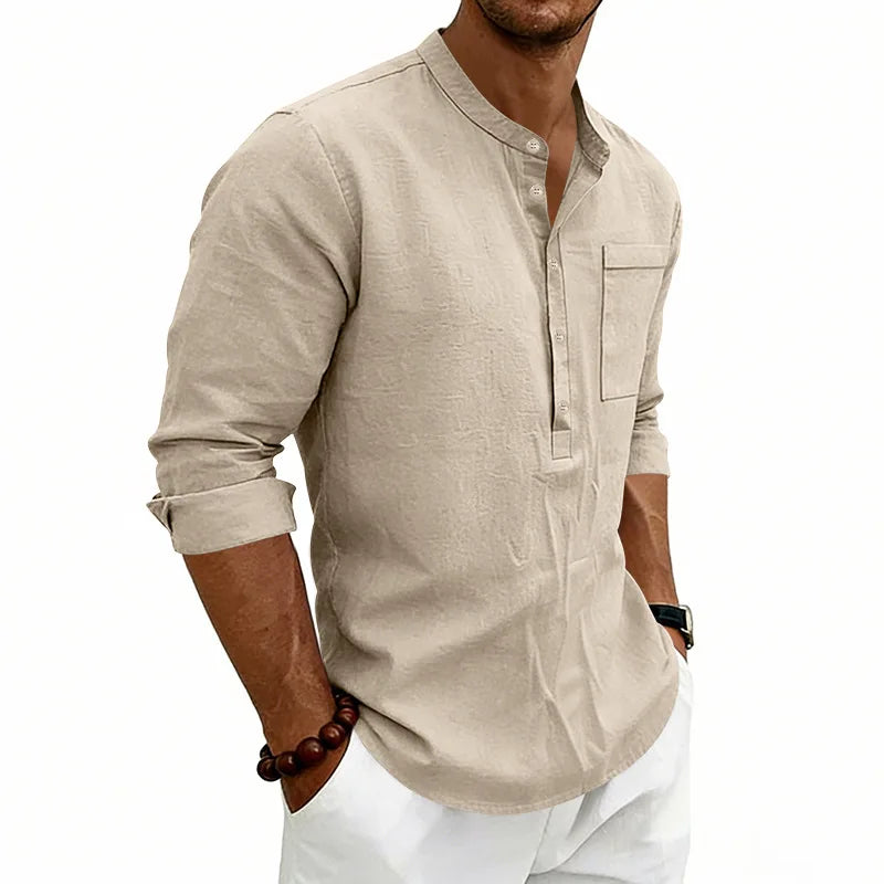 Summer Men's Linen Henry Long Sleeve T-Shirt  European and American Woven Solid Color Casual Polo Shirt