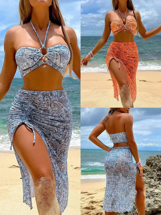 Women's Paisley Bikini Set With Skirt 2025 Sexy Bohemian Beach Dress Beachwear Two-Piece Swimsuit Cover-Up Summer Seaside Outfit