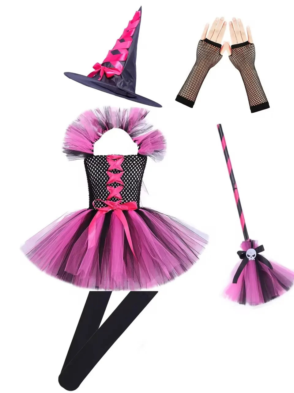 Halloween New Witch Dress Cosplay Costume Dress for Girl Carnival Party Dress Hat Broom Fancy Clothes Suit