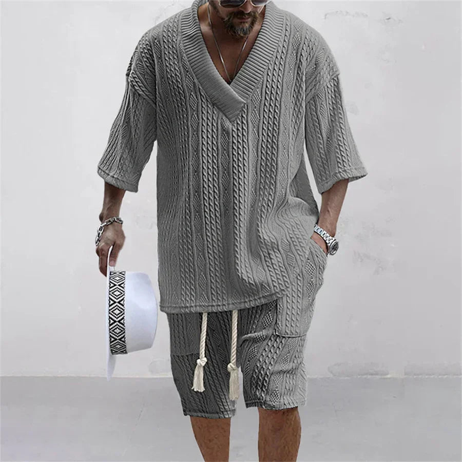 Summer New Men's Sports Suit Men's V-neck Top Loose Two-piece Set Men's Casual Trend Street Retro Suit