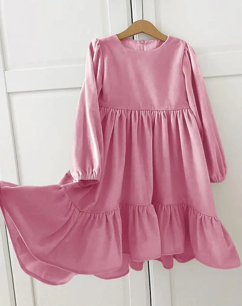 New 7-12 years Girls Spring Autumn Winter Velvet Long Sleeve Ruffle Hem Dress Princess Kids Party Dressess Children Clothing