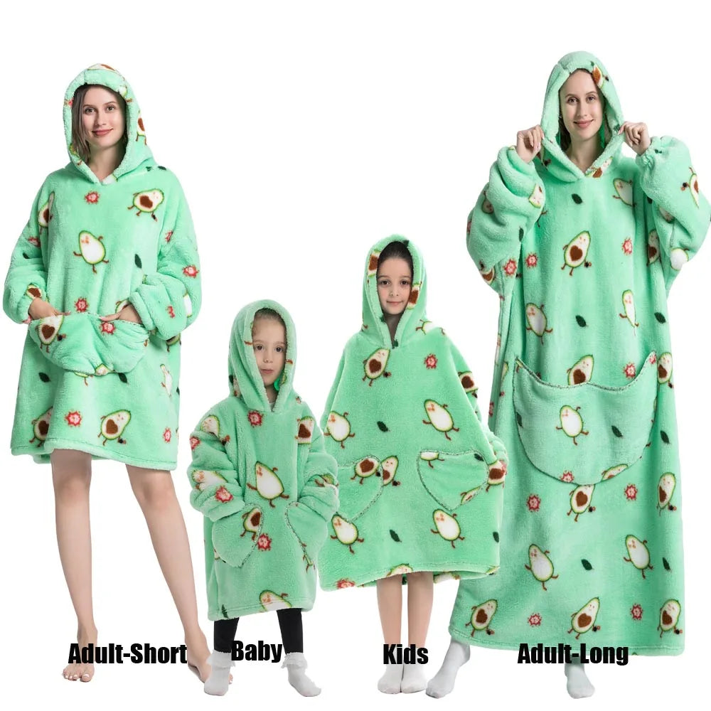 Extra Long Winter Hoodies Sherpa TV Blanket Plush Fleece Family Matching Outfits Sweatshirts Avocado Dinosaur Homewear Oversized