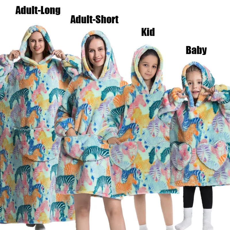 Extra Long Winter Hoodies Sherpa TV Blanket Plush Fleece Family Matching Outfits Sweatshirts Avocado Dinosaur Homewear Oversized