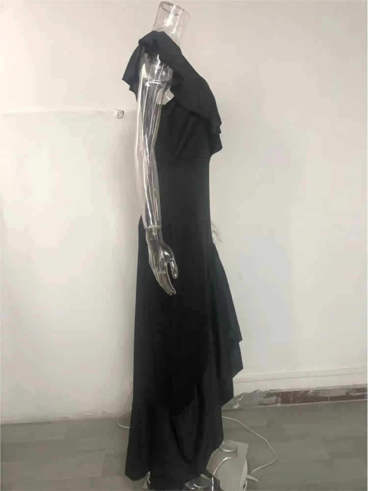 Fashion Evening Dresses Sexy V-Neck Elegant Party Irregular Solid Color Hem Ruffle Women Maxi Dress Short Sleeve Floor Length