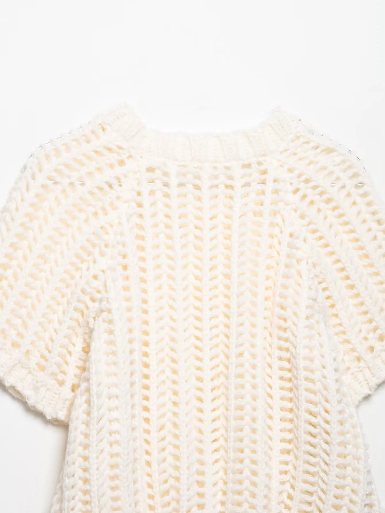 Hollow Out Knit Pullover Women Casual Round Neck Lace Up Bow Sweater Female Autumn Short Sleeves Solid Knitwears Lady