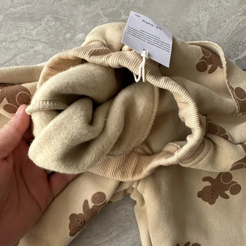 Winter Boys and girls cartoon bears inner fleece sweatpants Children thicken warm loose Trousers