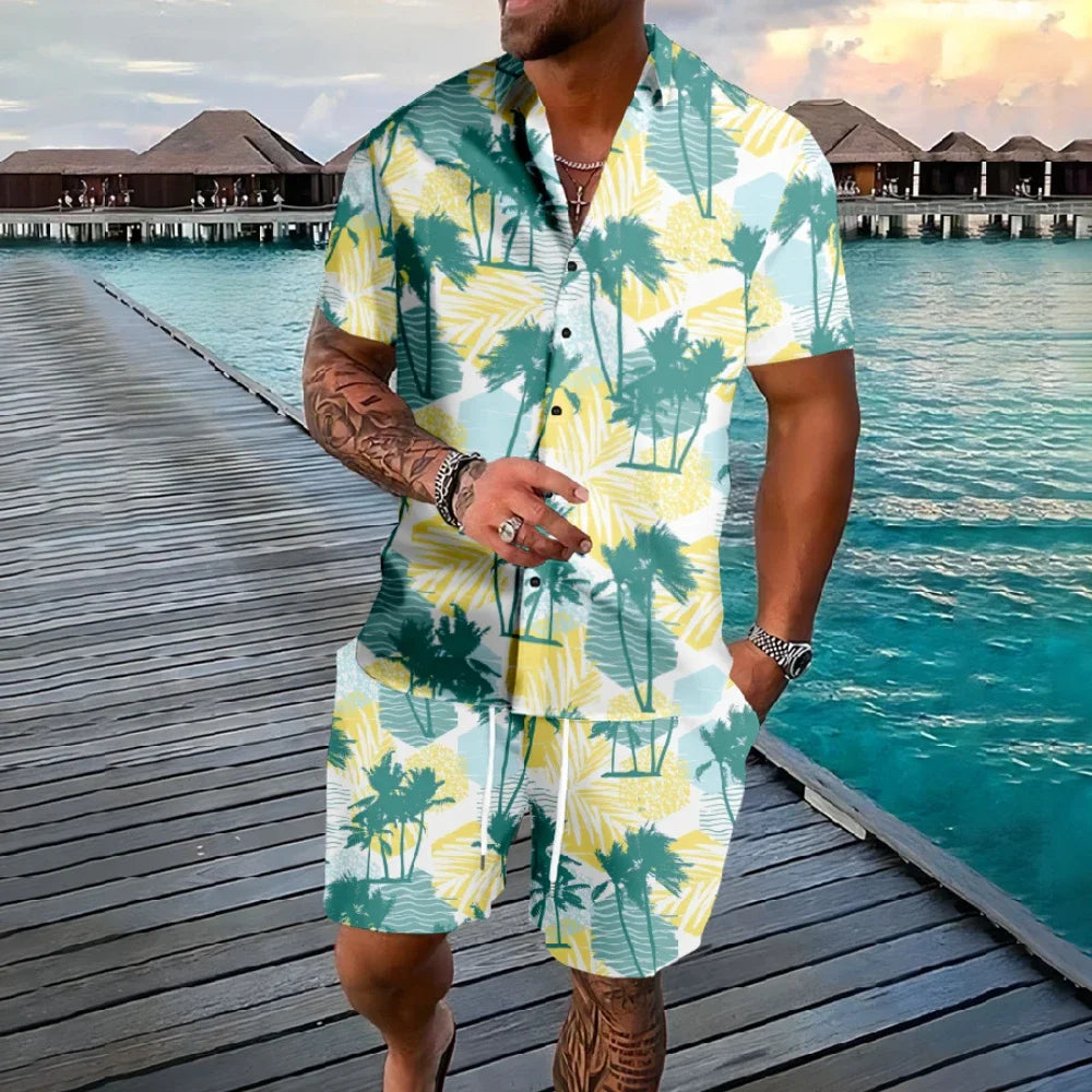Hawaiian Flamingo Coconut Tree 3d Print Short Sleeve Shirt+Shorts 2Pcs Set Casual Beachwear Vacation 2 Piece Suits Men Clothing