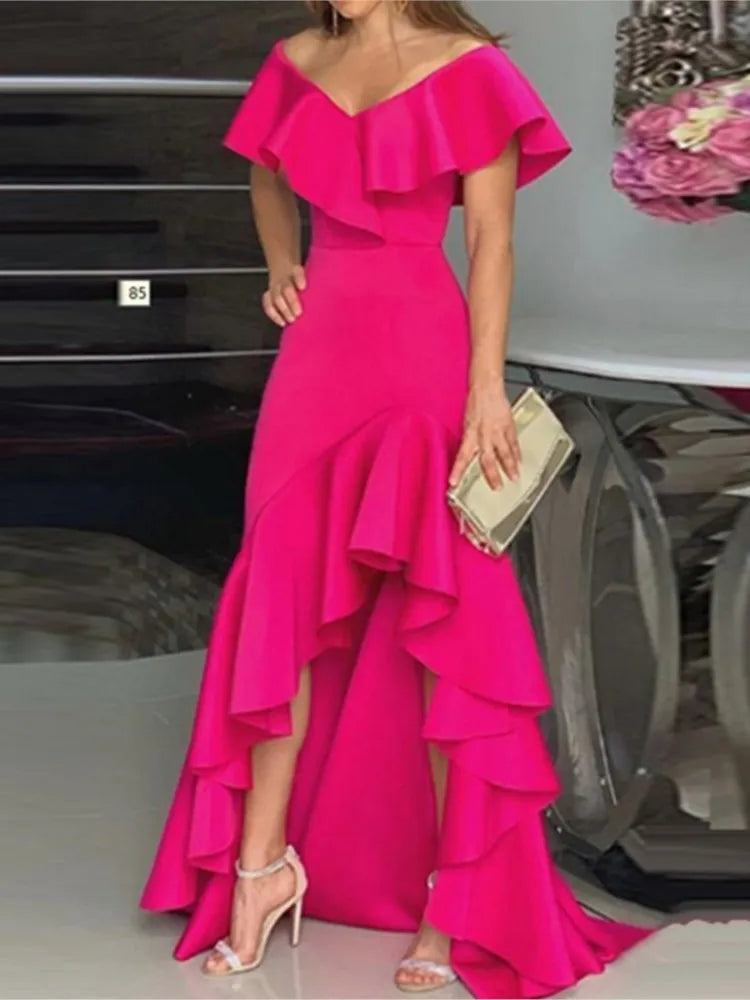Fashion Evening Dresses Sexy V-Neck Elegant Party Irregular Solid Color Hem Ruffle Women Maxi Dress Short Sleeve Floor Length