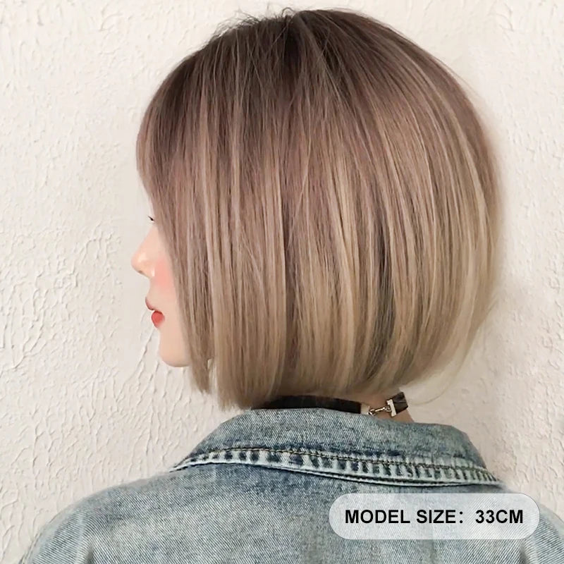 Pixie Cut Wigs Synthetic Short Straight Pink Brown Bob Wigs with Dark Roots High Density Layered Hair Wigs with Curtain Bangs