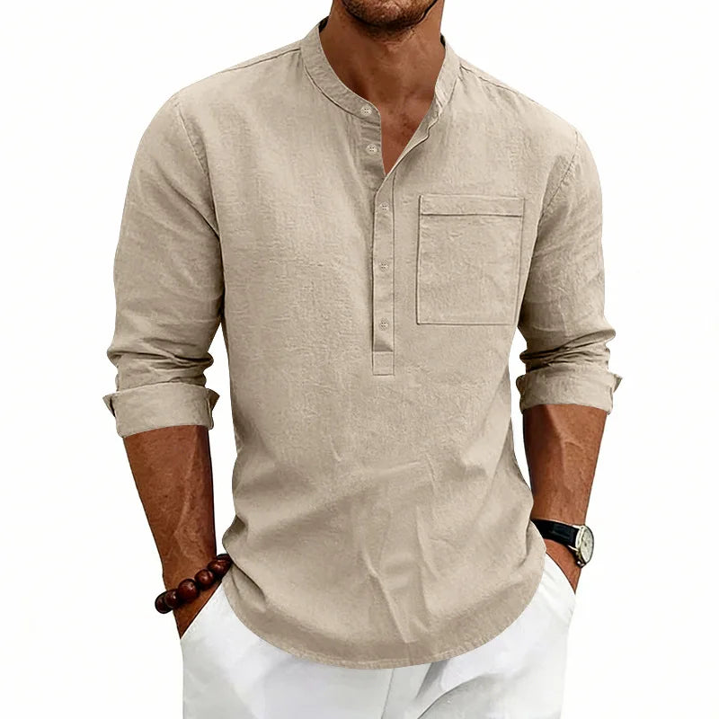 Summer Men's Linen Henry Long Sleeve T-Shirt  European and American Woven Solid Color Casual Polo Shirt