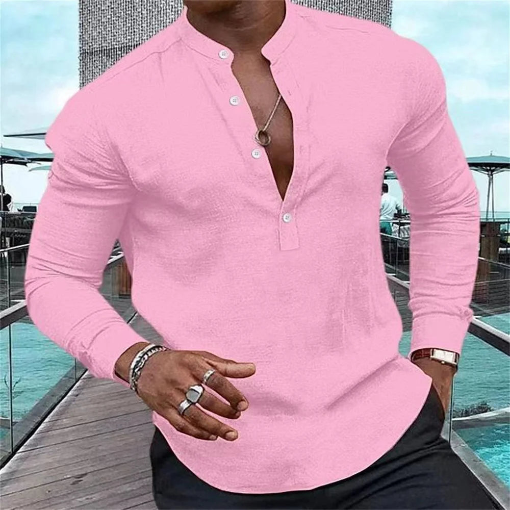 2023 New Fashion Men's High Quality Shirt Henry Solid Half Open Button Standing Neck Muscle Men's Street Casual Top