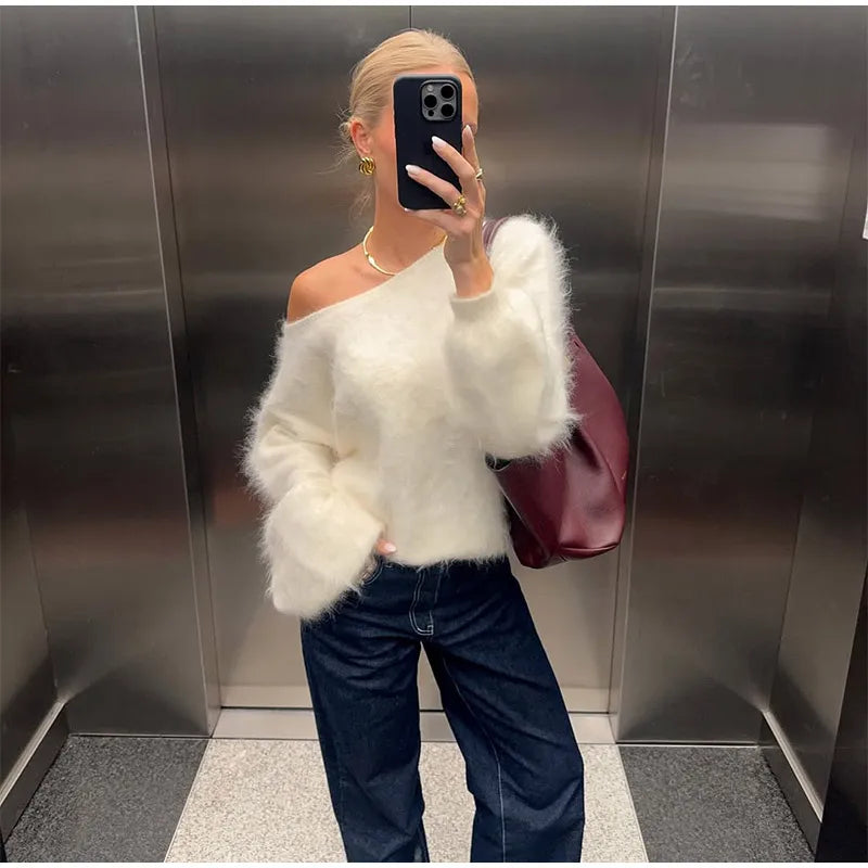 Women Solid Off Shoulder Pullover Fashion Classic Full Sleeve Loose Knitted Mohair Knitwear Lady High Street Autumn Sweaters