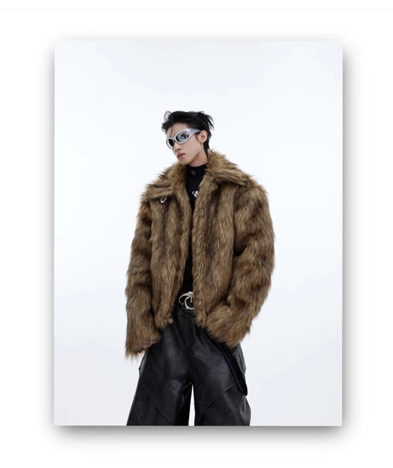 Mauroicardi Winter Short Thick Warm Brown Hairy Soft Faux Fur Coat Men with Turn-down Collar Long Sleeve Fluffy Jackets 2024