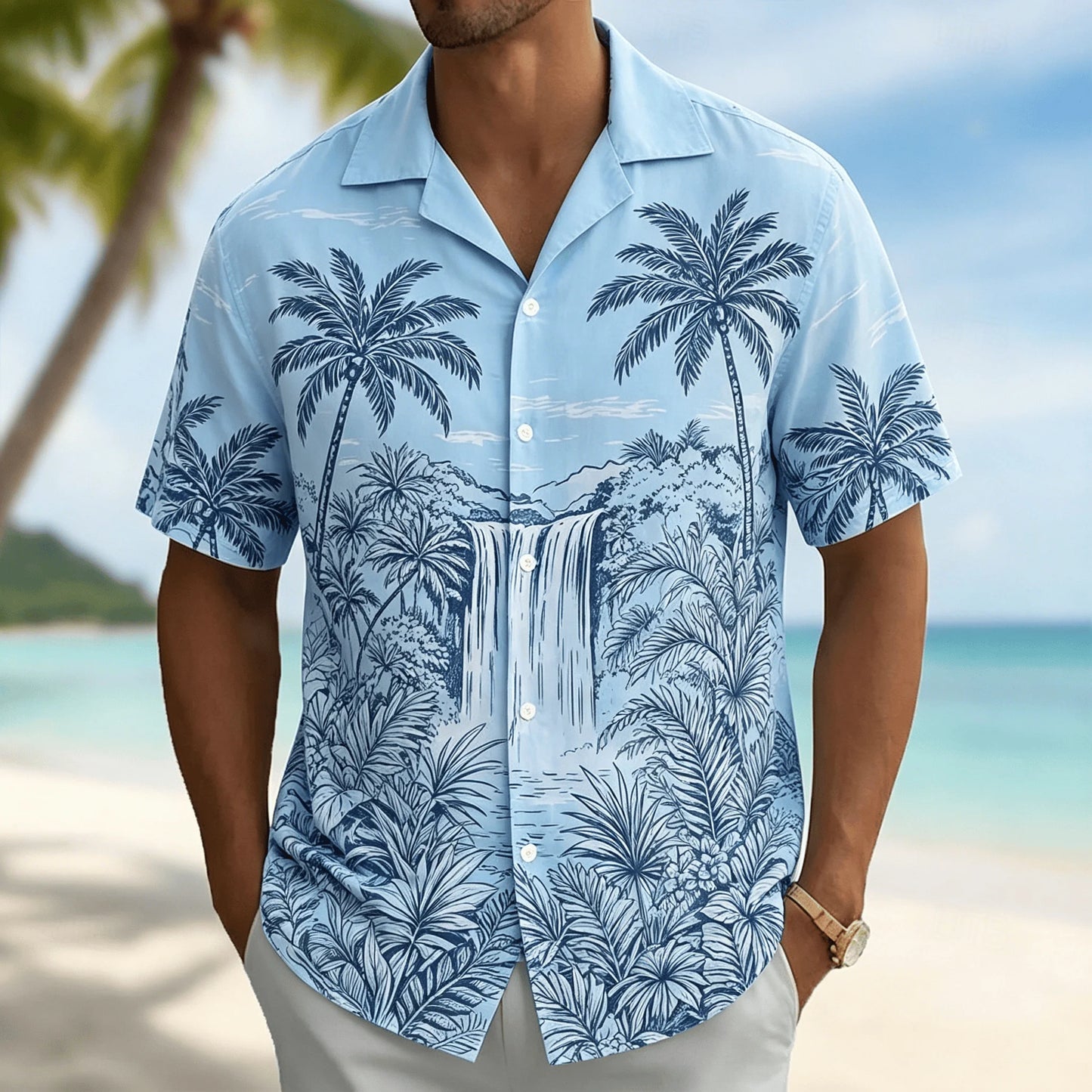 Men's Light Blue Tropical Palm Tree Print Short Sleeve Shirt, Casual Hawaiian Button Down with Ocean Design for Spring & Summer