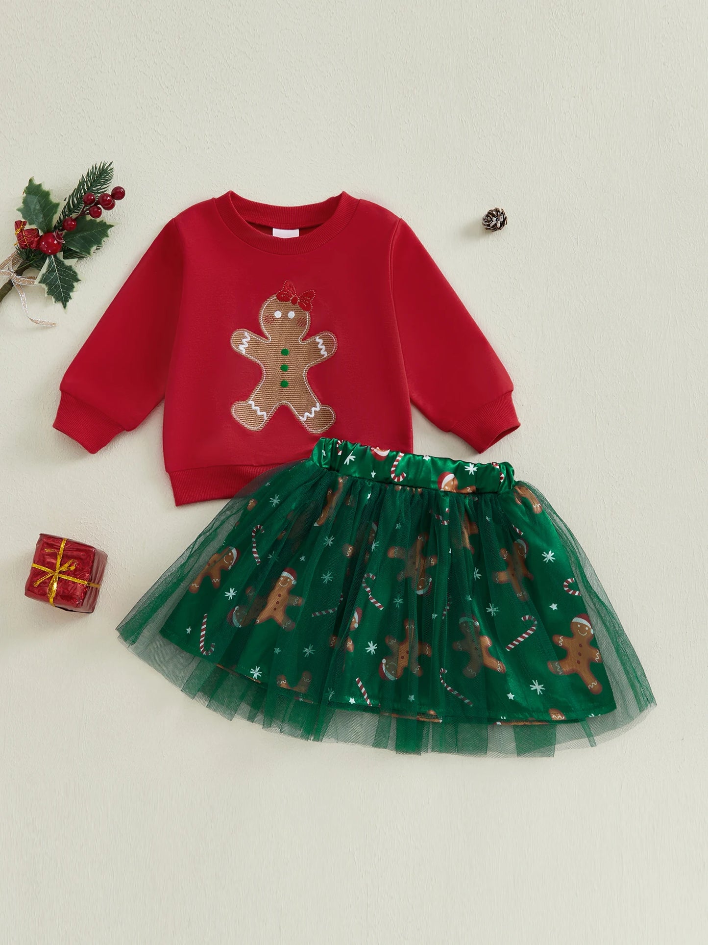 Infant Girls 2-Piece Holiday Set with Long Sleeve Gingerbread Sweatshirt and Tulle Skirt - Festive Baby Clothing for Christmas