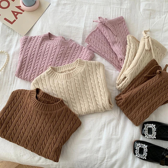 Autumn Spring Korean Style Kids Knitted Clothing Set Long Sleeved Solid Color Knitted Pullover+Pants Baby Girl Clothes Suit