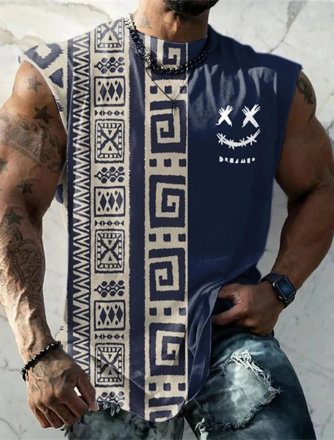 Summer New Men's Vest T Shirt Patterned Tribal Round Neck Clothing Daily Fitness Sports Vintage Sleeveless Printed Ethnic Tops