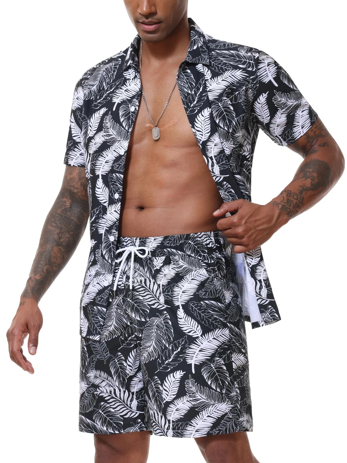 Men’s Hawaiian Shirt Shorts Set 2 Piece Tropical Print Short Sleeve Button Down Breathable Summer Beach Vacation MAGCOMSEN