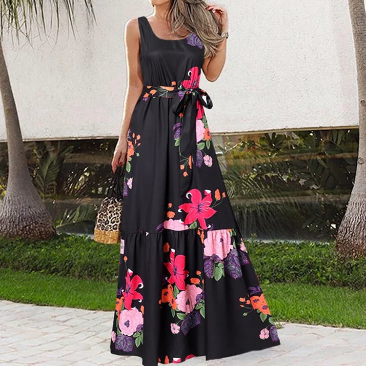 Summer Flower Print Sleeveless Long Dresses Women Elegant Casual Vacation Style Dress O Neck High Waist Leace-up Maxi Vestidos