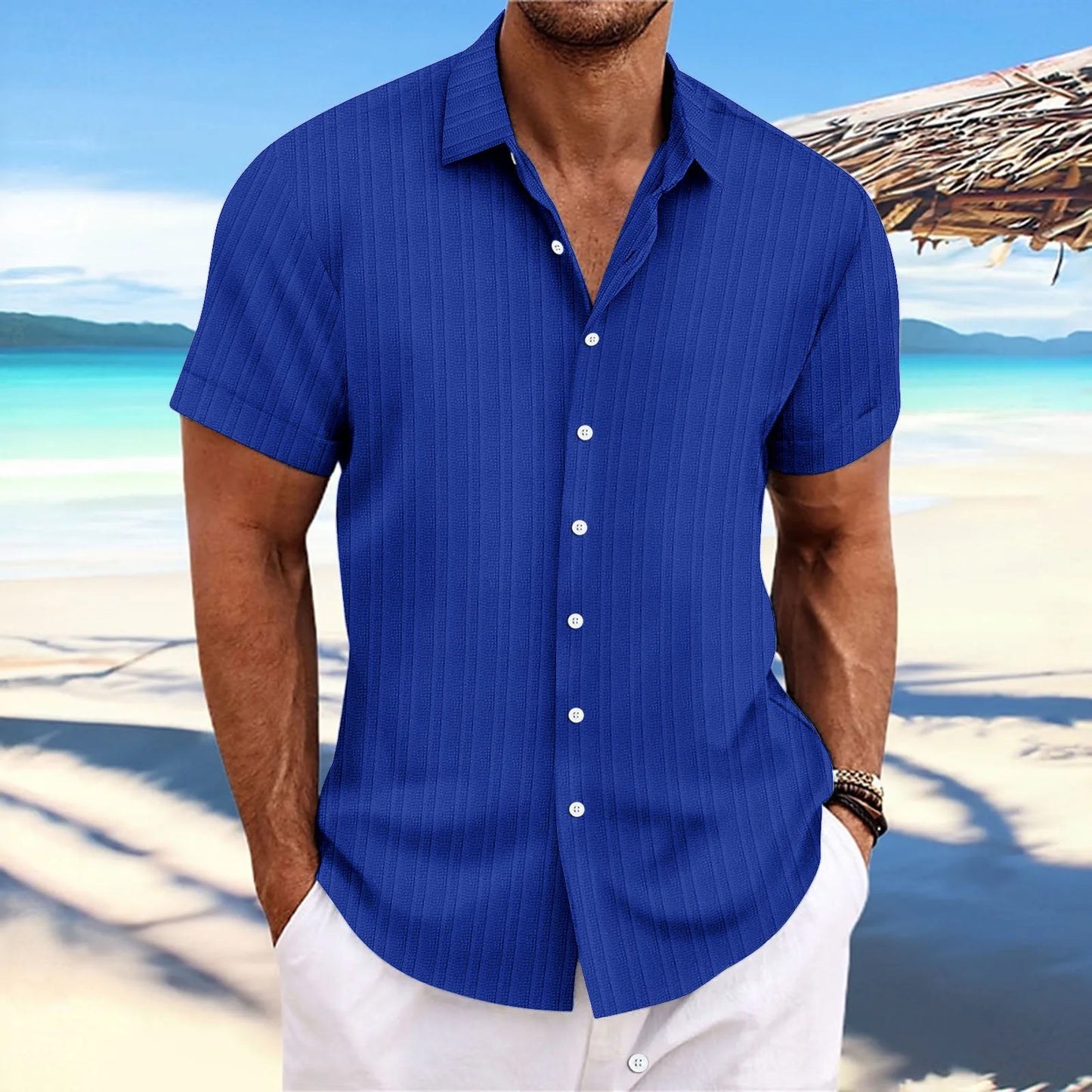 Simple And Versatile Summer New Men's Cotton And Linen Striped Jacquard Shirt Casual Comfortable Loose Short-Sleeved Shirt