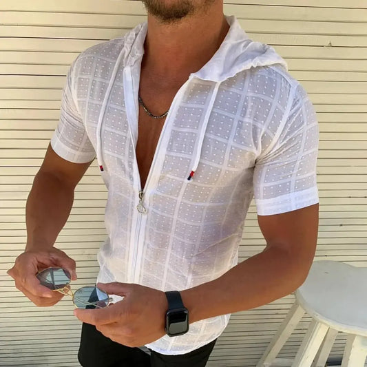 2026 summer new fashion plaid zipper sleeveless hooded cardigan T-shirt men's slim sports breathable fitness top