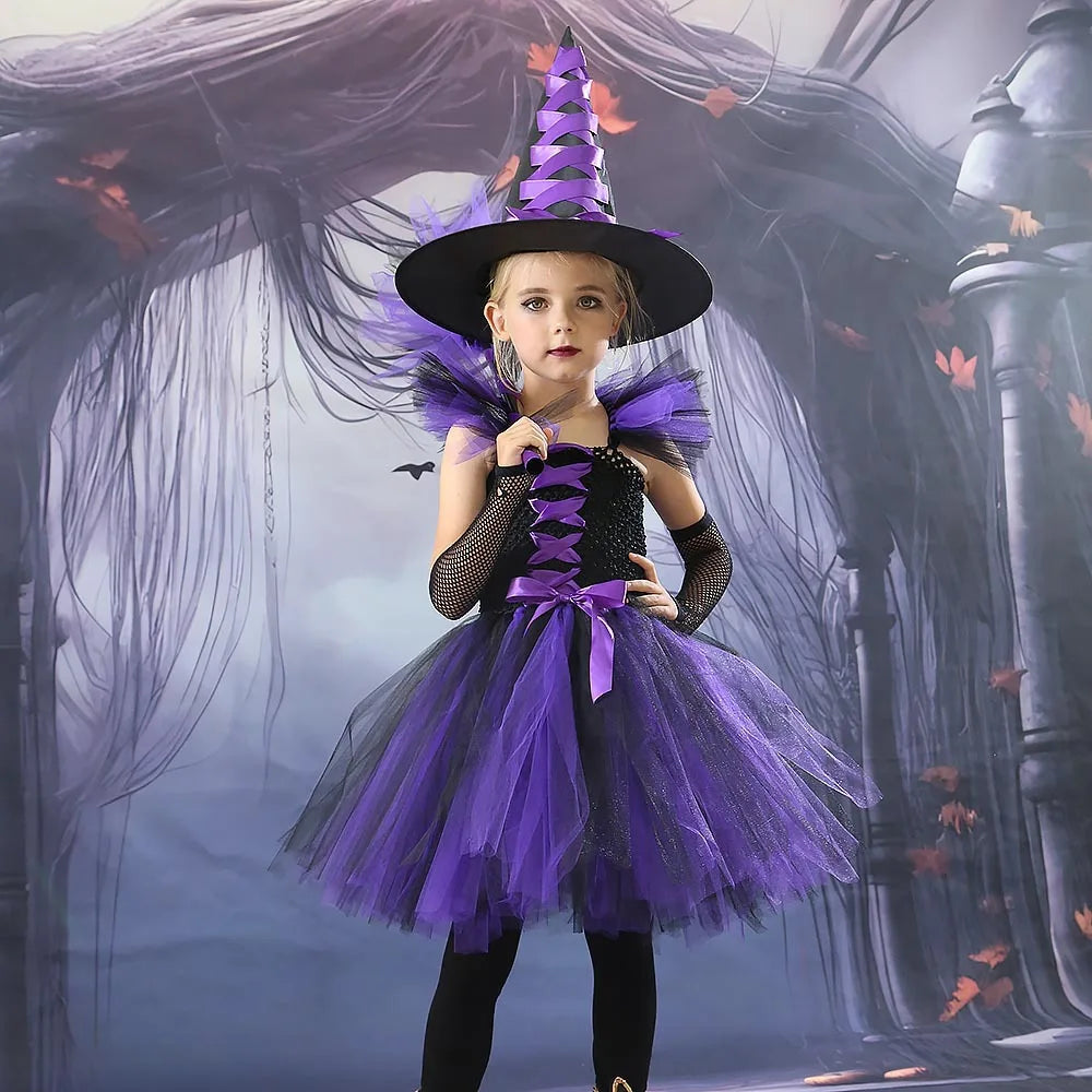 Halloween New Witch Dress Cosplay Costume Dress for Girl Carnival Party Dress Hat Broom Fancy Clothes Suit