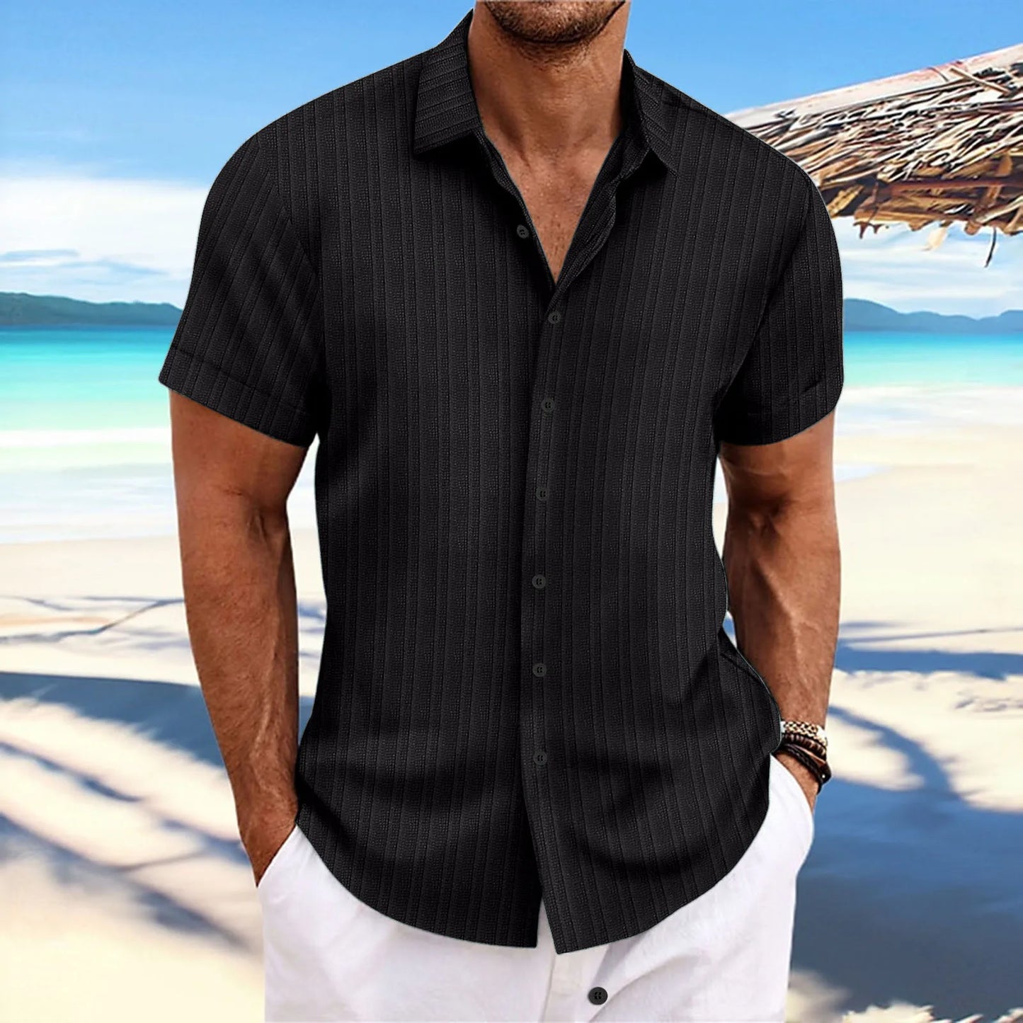 Simple And Versatile Summer New Men's Cotton And Linen Striped Jacquard Shirt Casual Comfortable Loose Short-Sleeved Shirt