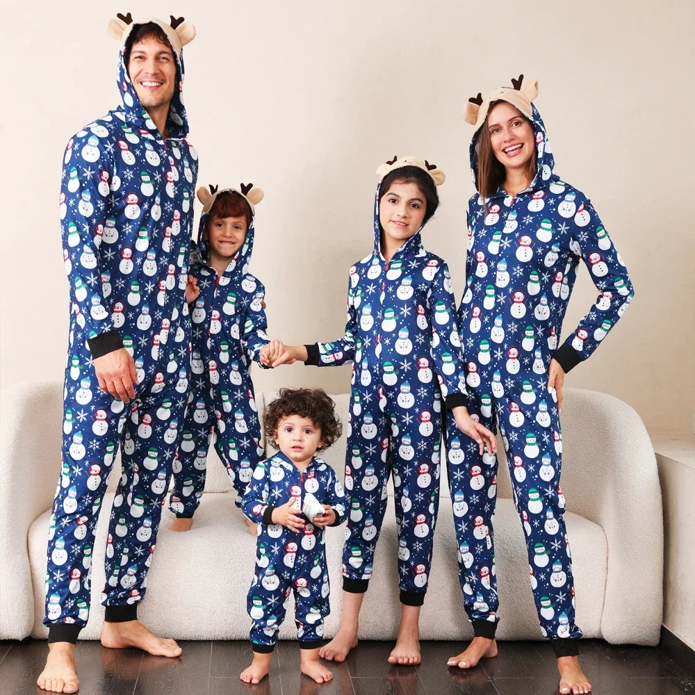 Christmas Gift Mother Father Kids Matching Outfits Cute Deer Ear Hooded Romper Overall Soft Loose One-Piece Pajamas Family Look