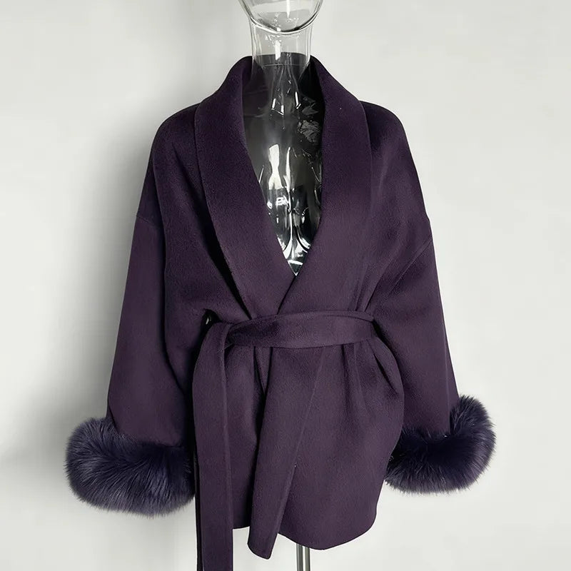 UCXQ Elegant OL Office Lady Overcoats Fur Patchwork Long Sleeve Woolen Coat Beautiful Women's Clothing Jacket Autumn 2025 Winter