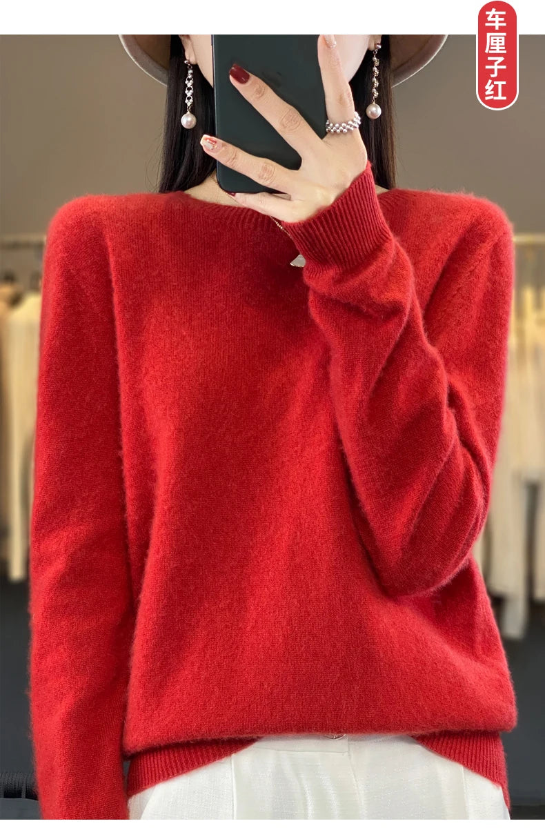 100% Merino Wool Sweater Women O-neck Cashmere Knitwear Female Pullover Autumn Winter Casual Tops Solid Color Soft  Clothing
