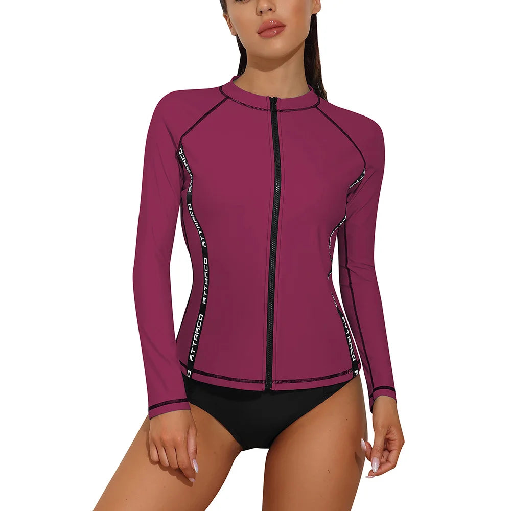Anfilia Rash Guard for Women Long Sleeve Zipper Front Swim Shirt UPF 50 Swimming Shirt Top