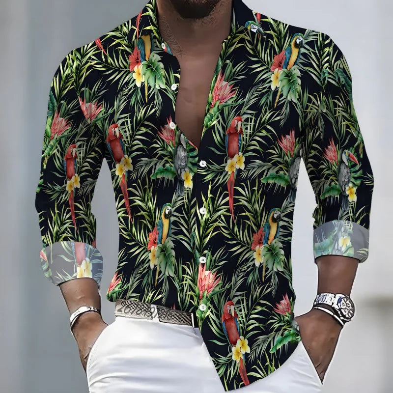 2026 New Hawaiian Style Coconut Tree Print Long-Sleeve Shirt, Stylish Print Men's Casual Vacation Loose Collar Hawaiian Shirt